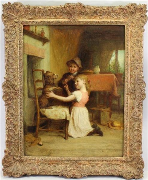 Painting Of Two Young Children Playing With A Dog - view 1