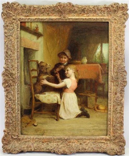 Two Young Children Playing With A Dog - view 1