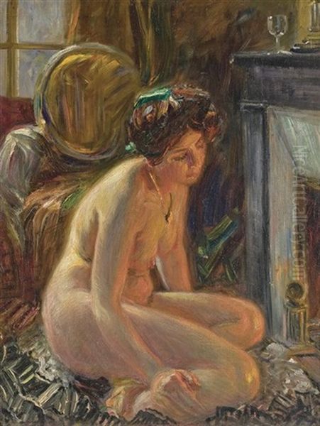 Woman Seated By A Fireplace - view 1