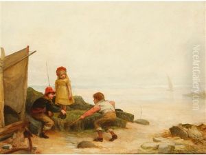 Children Playing In Rock Pools At The Shoreline by John Burr