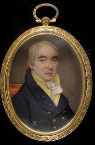 A Gentleman, Seated In A Red Upholstered Chair, Wearing Blue Coat With Brass Buttons Over Yellow Waistcoat With Pleated White Cravat by Joseph Francis Burrell