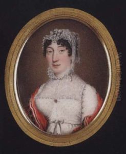 A Lady Wearing White Figured Dress With Lace Fill-in And Ruff, Matching Lace Bonnet, Ruby And Pearl Brooch And Embroidered Red Shawl