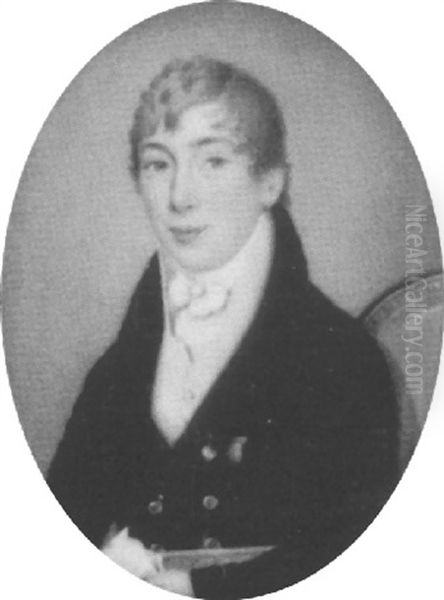 A Young Gentleman, Seated In A Red Upholstered Chair, Wearing A Blue Coat, A Yellow Waistcoat And Tied White Stock - view 1