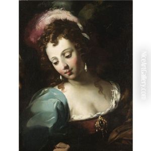 The Head Of A Lady, Wearing A Feather In Her Hair And Pearl Earrings by Giovanni Antonio Burrini