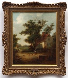 Cottage Scene With Woman Feeding Chickens