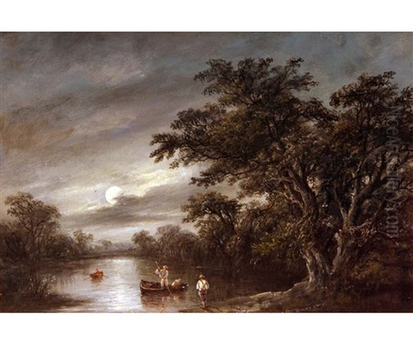 Moonlight Scene On The River Orwell With Eel Fishermen - view 1