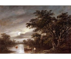 Moonlight Scene On The River Orwell With Eel Fishermen by Robert Burrows
