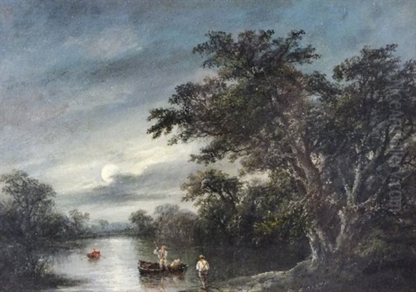 Figures Beside A Boat On The River Orwell, By Moonlight - view 1