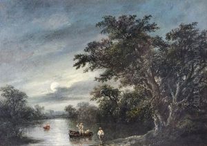 Figures Beside A Boat On The River Orwell, By Moonlight by Robert Burrows