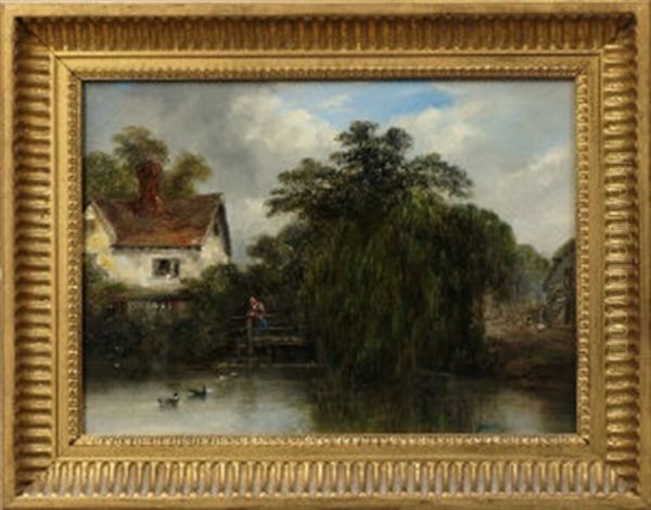 Figure On A Bridge With A Cottage In A Wooded River Landscape; Two Figures On The Shores Of A Lake With Mountains Beyond (pair) - view 1