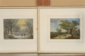 Figures In A Winter Landscape (+ Figures And A Donkey In A Summer Landscape; Pair)