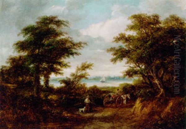 Figures In A Horse And Cart In A Wooded River Landscape - view 1