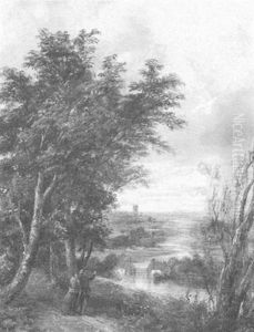 Figures Looking Out Over An Extensive River Landscape by Robert Burrows