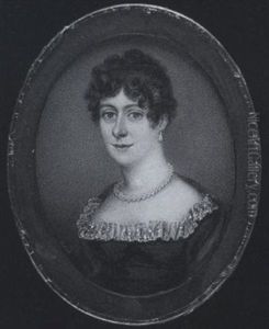 A Lady Wearing Black Dress With White Lace Collar, Red Shawl, Pearl Necklace And Earring
