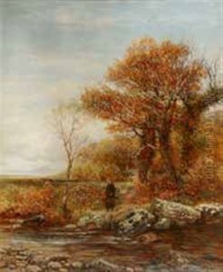 A Woman By A River Near A Cottage With Man Driving Cattle On Horseback Beyond