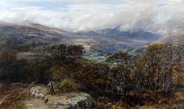 Extensive Upland Landscape With Shepherd, Flock And Sheepdog - view 1