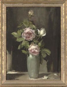 Pink And White Roses In A Vase, On A Table by Alice Mary Burton