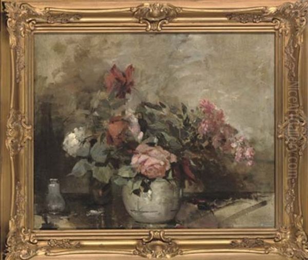 Red, White And Pink Roses In A Vase, On A Stone Ledge - view 1