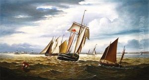 Four Sailing Vessels Sailing Into The Port Of Lowestoft by George Vempley Burwood