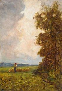 Schaferin Mit Ihrer Schafherde In Abendlich Beleuchteter Landschaft Schaferin Mit Ihrer Schafherde In Abendlich Beleuchteter Landschaft