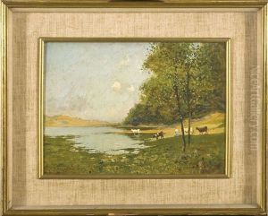 Paesaggio Lacustre Con Figura Ed Animali Al Pascolo