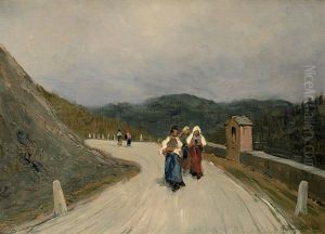Drei Frauen Auf Einem Hohenweg Mit Marterl