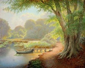 Forest Scene With Lake And Rowing Boat At A Jetty