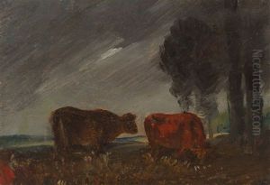 Zwei Kuhe In Einer Landschaft by Wilhelm Busch