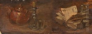 Aufgeschlagenes Buch Mit Kanne, Kerze Und Glas