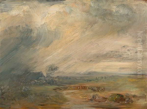 Gewitterlandschaft Mit Bauernhaus, Kuhen Und Fluss - view 1