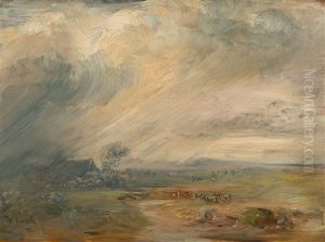 Gewitterlandschaft Mit Bauernhaus, Kuhen Und Fluss