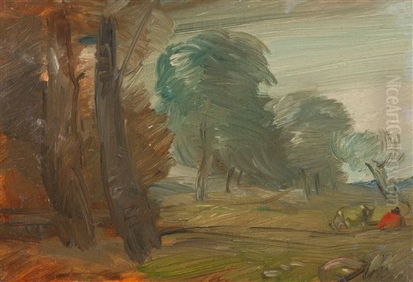 Herbstliche Landschaft Mit Rotem Bauer Und Kuh - view 1