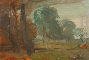 Herbstliche Landschaft Mit Rotem Bauer Und Kuh by Wilhelm Busch