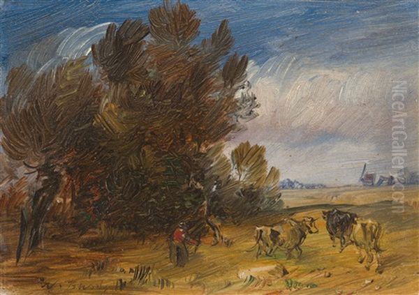 Herbstliche Waldlandschaft Mit Hirte Und Kuhen - view 1