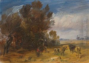Herbstliche Waldlandschaft Mit Hirte Und Kuhen