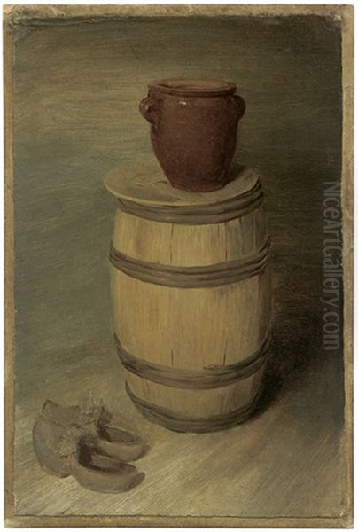 Kleines Holzfass Mit Tonkrug Und Schuhen - view 1
