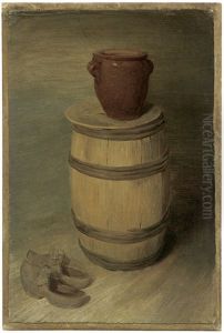 Kleines Holzfass Mit Tonkrug Und Schuhen