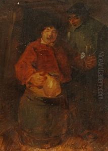 Zwei Bauern Mit Krug (+ Mann In Roter Jacker Mit Krug Auf Einem Hackklotz, Verso) by Wilhelm Busch