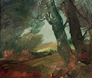 Bauer Unter Zwei Baumen Mit Zwei Kuhen Links Im Hintergrund by Wilhelm Busch