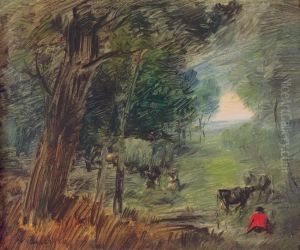 Waldlandschaft Mit Heufuder Und Kuhen