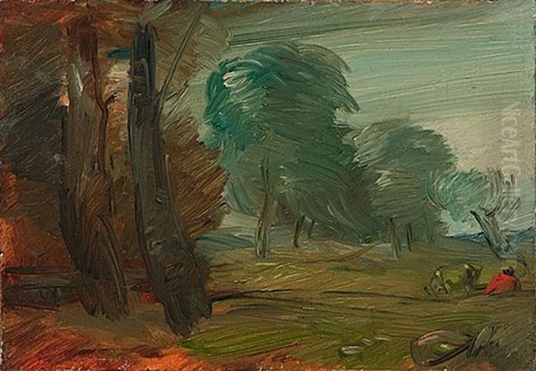 Herbstliche Landschaft Nach Rechts Mit Rotem Bauer Und Kuh - view 1