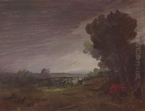 Regenlandschaft Mit Baumen Und Kuhen