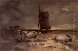 Gewitterlandschaft Mit Windmuhle Und Kuhhirtin