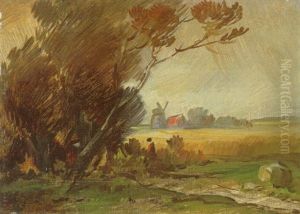 Landschaft Mit Waldrand, Feldstein Und Windmuhle