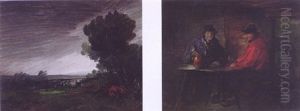The Two Men Seated At A Table And Landscape With Cows by Wilhelm Busch