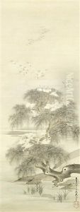 Untitled (numerous Herons Gathering On A Huge Old Willow Tree By The Lake (+ Untitled (multiple Crows At Sunset Gathering On An Old Bare Tree); Pair) by Kita Busei