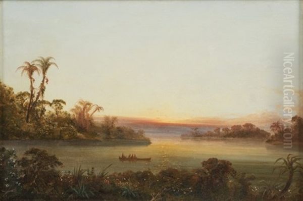 Indians In A Canoe In A Tropical Landscape - view 1