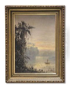 Tropical River Landscape With A Man In Canoe
