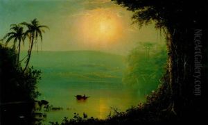 Tropical River Landscape With A Native In A Canoe by Norton Bush