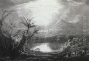 Costa Rican Landscape, Palms, Lake And Volcano